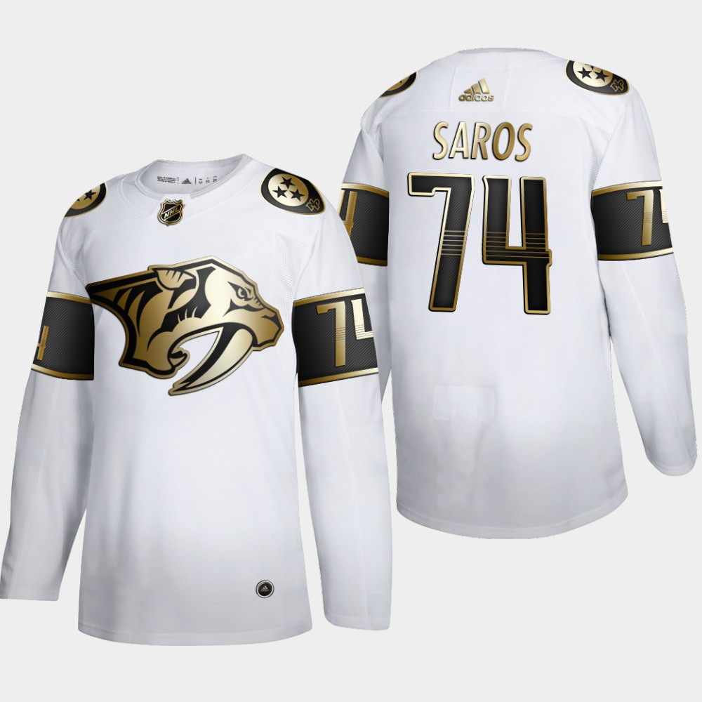 Nashville Predators 74 Juuse Saros Men Adidas White Golden Edition Limited Stitched NHL Jersey